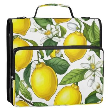 Imagem de Bolsa de fichário floral branca com 3 anéis e limões amarelos brilhantes com alça, organizador de pastas de portfólio com zíper comporta 500 folhas para escola ou escritório