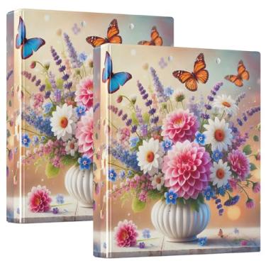 Imagem de Fichários de 3 anéis de borboleta colorida com flor da primavera personalizada de 3 polegadas comporta 200 folhas, 3 pastas de anel, anel redondo fofo, fichário de escritório, 31,5 x 27 x 6 cm, pacote