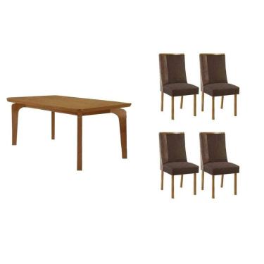 Imagem de Sala Jantar Mesa Londrina Tampo Curvo 120cm+4 Cadeiras Tilia Madeira Naturale - Capuccino/Suede Marrom - Rufato