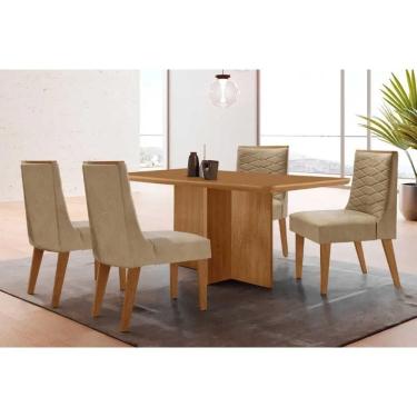 Imagem de Sala Jantar Mesa Berlim Tampo Curvo 120cm+4 Cadeiras Maldivas Madeira Naturale - Capuccino/Linho Bege - Rufato