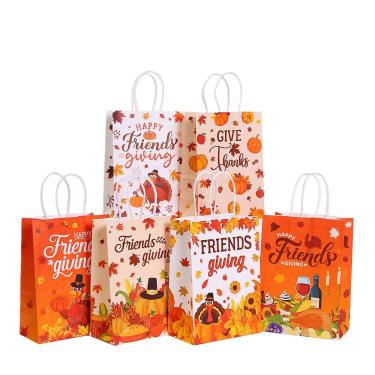Imagem de Sacolas Kraft Paper Thanksgiving Cartoon Print, pacote com 12
