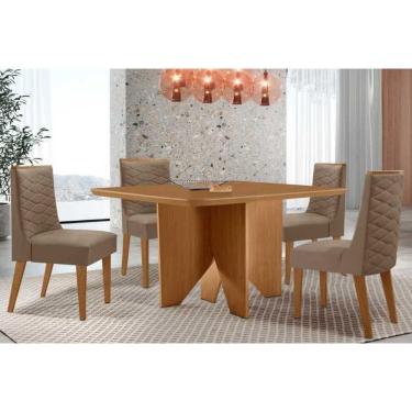 Imagem de Sala Jantar Mesa Nevada Tampo Curvo 90cm+4 Cadeiras Dafne Madeira Naturale - Capuccino/Suede Capuccino - Rufato