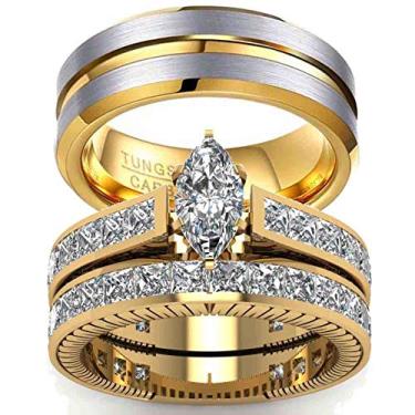 Imagem de ringheart Anéis de casal, três pedras, preenchidos em ouro amarelo, corte princesa, zircônia cúbica, conjunto de alianças de casamento de titânio, Men size11, Metal Cristal Metal Cristal Strass, Zircônia cúbica