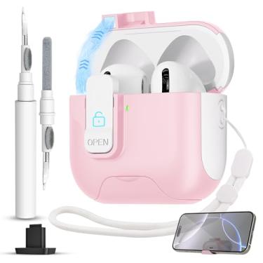 Imagem de Capa para AirPods 4 com trava segura, trava magnética automática com função de suporte de telefone, kit de limpeza de capa protetora rígida à prova de choque para Apple AirPod capa de 4ª geração 2024