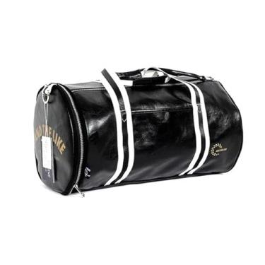 Imagem de AXPTI Bolsa de ginástica esportiva para mulheres e homens, bolsa de ombro com bolso de armazenamento de sapatos, bolsa de viagem de couro à prova d'água para uso diário, Preto, One Size