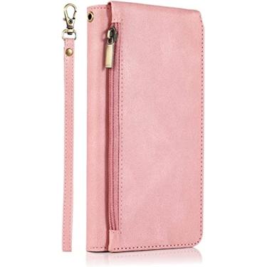 Imagem de GANYUU Capa carteira com zíper para iPhone 14/14 Plus/14 Pro/14 Pro Max, capa de telefone de couro PU premium com alça de pulso slots de cartão suporte capa de notebook flip magnético (cor: rosa, tamanho: 14)