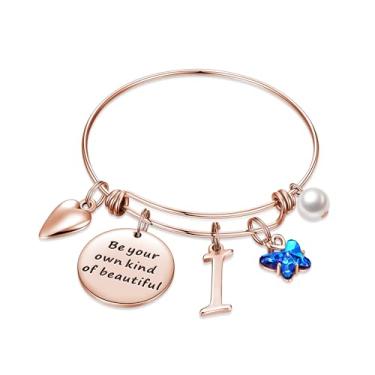 Imagem de Pulseiras com pingente inicial para mulheres joias presentes Be Your Own Kind of Beautiful Pulseira de borboleta expansível inspiradora de aço inoxidável letra A-Z presentes de aniversário e Natal