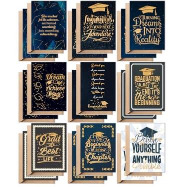 Imagem de Cartões de formatura – 18 cartões de 9 designs exclusivos (2 cartões/design), cartões de formatura com efeito glitter dourado para ele, filho, filha, pacote com envelopes e adesivos Kraft, cartão