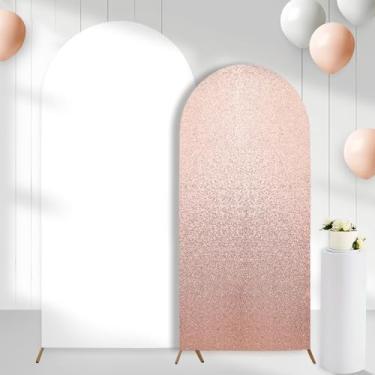 Imagem de CORNER LACE Conjunto de 2 capas de fundo de arco, ouro rosa e branco (2,5 m, 1,8 m), 2 lados, elastano com elástico redondo, arco, para chá de bebê, casamento, festa de aniversário (apenas capa)