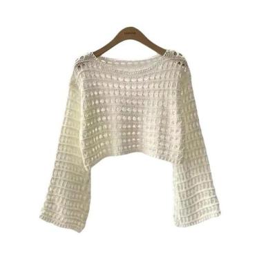 Imagem de Blusa De Crochê Boho De Manga Longa Para Mulheres, Top Cropped De Verã