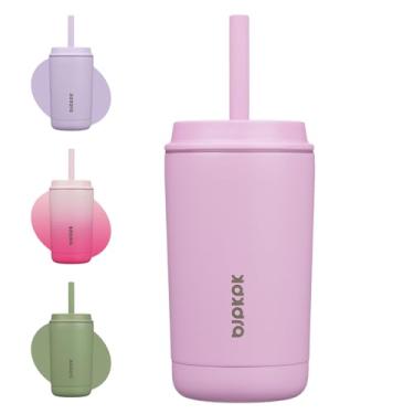 Imagem de BJPKPK Copo isolado com tampa e canudo, copo térmico de aço inoxidável de 350 ml, caneca de café de viagem à prova de derramamento, à prova de vazamento, pode ser lavada na lava-louças, mantém as