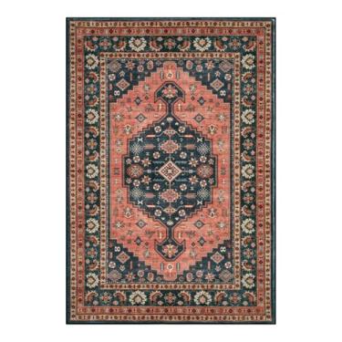 Imagem de Tangsoo Tapete vintage 6 x 20 cm lavável para corredores, vermelho/azul antiderrapante tapete longo de pilha baixa