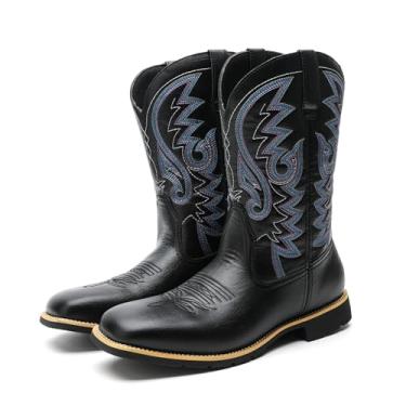 Imagem de Botas de cowboy masculinas clássicas vintage bico quadrado bordado ocidental botas de equitação masculinas retrô botas casuais de couro sintético botas de cano médio, Preto, 8