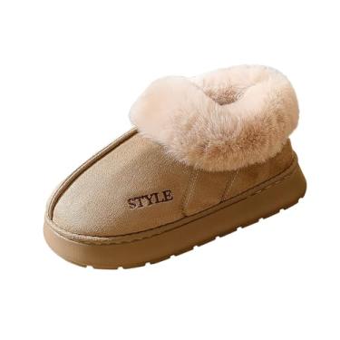 Imagem de Botas de neve femininas modernas casuais de inverno forradas com lã quente para ambientes internos e externos, bico redondo, bico fechado, sola grossa, Caqui, 34