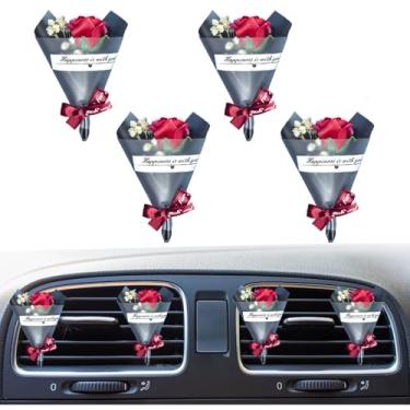 Imagem de 4 peças pequeno buquê de clipes de ventilação para aromatizador de ar para carro, mini ramo de flores de rosas secas, saída de condicionamento, decoração de perfume, difusor de óleo essencial, clipe
