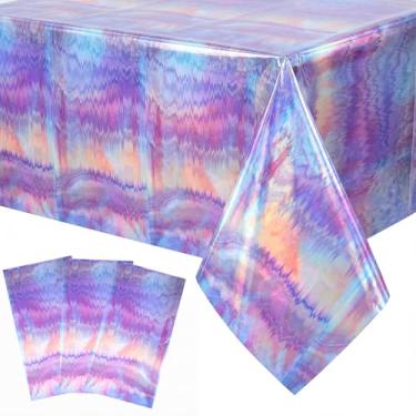 Imagem de Gilprop 3 toalhas de mesa iridescentes roxas claras a laser, pastel, roxo, holográfico, toalha de mesa descartável, de plástico, para aniversário, casamento, chá de bebê, despedida de solteira, 137 x