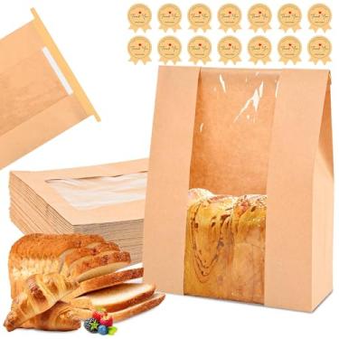 Imagem de 120 sacos de pão grandes para fermento de pão caseiro, saco de pão com janela de 35,56 x 21,1 x 8,9 cm, 130 adesivos fofos de vedação, sacos de pão de fermento para armazenamento de biscoitos e