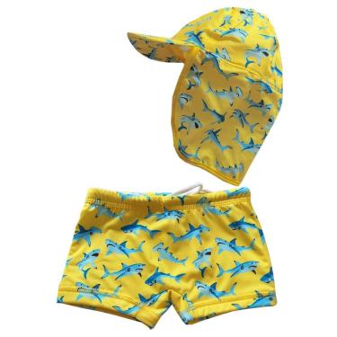 Imagem de Conjunto Praia Bebê Sunga Boxer e Boné Microfibra Proteção UV Tubarões Amarelo Everly-Masculino