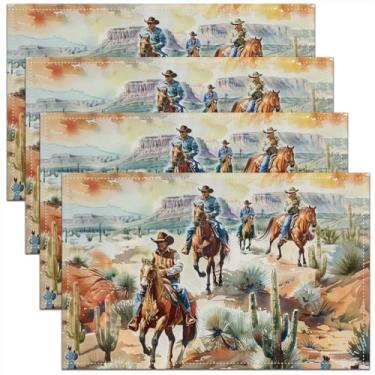 Imagem de Jogo americano infantil caubói ocidental, conjunto de 4 tapetes de mesa de cacto do deserto cavalo oeste, decoração de cozinha retrô tribal vintage, jogo americano verde amarelo decoração de mesa de