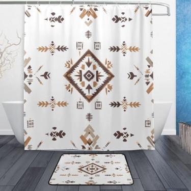 Imagem de xigua Conjuntos de tapetes de cortina de banho com padrões de tapeçaria nativa americana 2 peças, conjunto de tema de banheiro (152 x 182 cm) com cortina de chuveiro e tapete antiderrapante -12