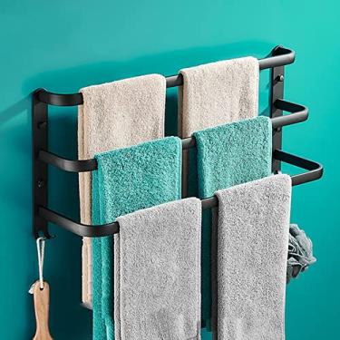 Imagem de Toalheiro de banheiro montado na parede camada tripla deslocamento espaço alumínio toalheiro suportes para toalhas de banho hotel cozinha - preto (50 cm)