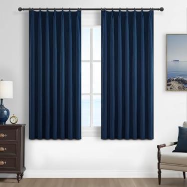 Imagem de Cortinas blecaute pequenas azul-marinho 137 cm de comprimento para quartos/quarto de crianças/meninos, cortinas plissadas com ganchos, cortina curta costeira térmica de linho viral azul escuro (102 cm
