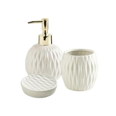 Imagem de Conjunto de quatro peças de cerâmica leve de banheiro de luxo inclui dispensador de sabonete, copo de enxaguante bucal e saboneteira garrafa bomba líquida (branca)