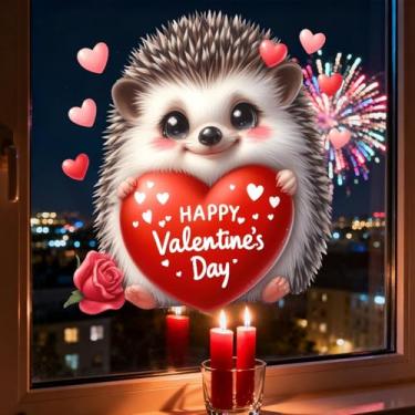 Imagem de Adesivos de janela de dia dos namorados com design de ouriço de coração reutilizável dupla face adesivos de janela de férias de inverno para decoração de exibição de porta de vidro de festa de