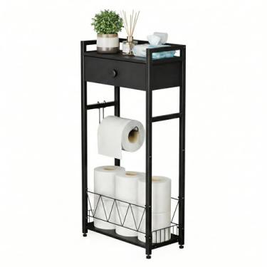 Imagem de Suporte de papel higiênico independente com gaveta de armazenamento, prateleira de banheiro estreita, cesta sobressalente, braço de papel de instalação em 4 vias, rack preto fosco para economia de