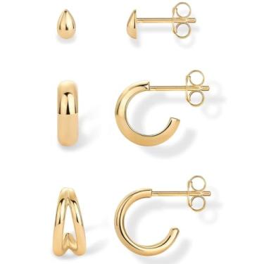 Imagem de Três pares de brincos de argola pequenos banhados a ouro para mulheres - Conjunto de brincos de argola de ouro - Piercings de orelha de corda de zircônia cúbica com gota grossa, 3 Pairs, Latão latão