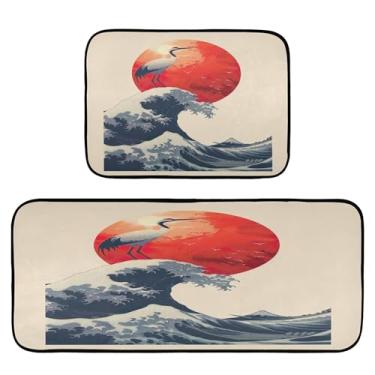 Imagem de xigua Conjunto de 2 peças de tapetes e tapetes de cozinha ondulados japoneses absorventes macios para o chão, tapete de cozinha, antiderrapante, conjunto de capachos, 50 x 120 cm + 50 x 70 cm