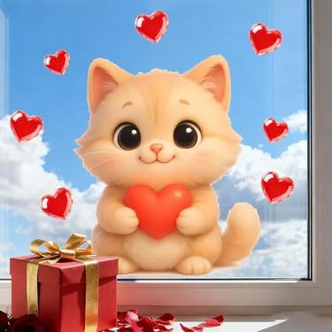 Imagem de 1 folha adesivos de janela de dia dos namorados com design de gato fofo reutilizável dupla face adesivos de janela de coração para decoração de exibição de porta de vidro de festa de aniversário de