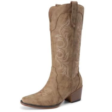 Imagem de Athlefit Botas femininas caubói, moda ocidental, bordadas, salto grosso, bico fino, confortável, cano médio, com zíper lateral, Marrom, 37
