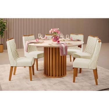 Imagem de Conjunto: Mesa Sala Jantar Viena c/ Tampo Madeirado c/ Vidro 136x136cm e 6 Cadeiras Bia Freijo/Off White - Linho Neve DJ Móveis
