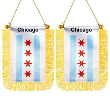 Imagem de CANTENDO Pacote com 2 bandeiras americanas para pendurar na janela de Chicago, mini bandeira do estado de Chicago dos EUA com haste de borla, ventosa para decoração de espelho retrovisor (7 x 12 cm)