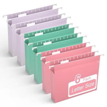 Imagem de Y YOMA Pastas de arquivo de plástico com capacidade extra, tamanho carta, pacote com 6, pastas suspensas resistentes de expansão de 5 cm com abas para arquivo, casa e escritório, cor pastel