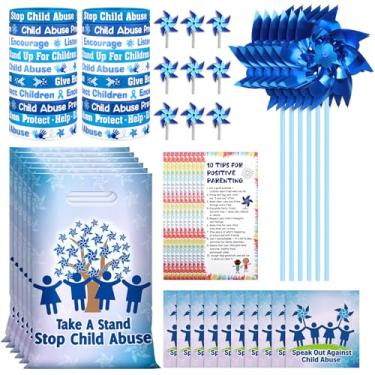 Imagem de Kigeli 300 Pcs Child Abuse Prevention Awareness Accessories, Include 50 Child Abuse Awareness Gift Bag 50 Wristband 50 Blue Pinwheel 50 Pin with Card 50 Parenting Tip for Event Charity Campaign