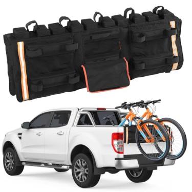 Imagem de WODHMIEY Protetor de porta traseira para bicicleta 600D PU Pickup Truck com bolsa de ferramentas e câmera traseira/aba de alça, serve para até 5 bicicletas, almofada de mountain bike, suporte para
