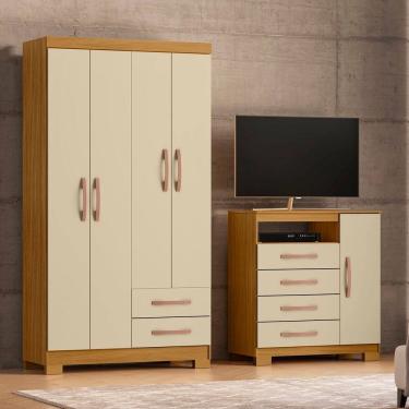 Imagem de Guarda-Roupa Solteiro 4 Portas 2 Gavetas e Cômoda Sapateira Itapema Carvalho Americano/Off White