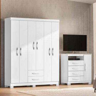 Imagem de Guarda-Roupa 6 Portas 2 Gavetas e Cômoda Sapateira Itapema Branco
