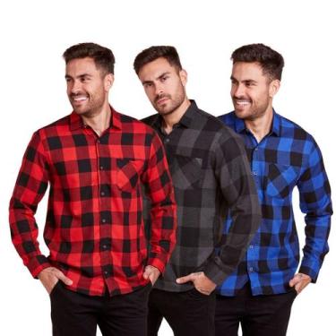 Imagem de Kit 3 Camisas Xadrez Masculino Flanelado Manga Longa - Daze Modas, Ver