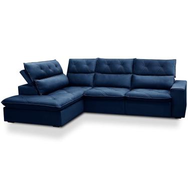 Imagem de Sofá 3 Lugares Retrátil Reclinável Chaise Esquerdo 258cm Bergen F04 Veludo Azul - Lyam...