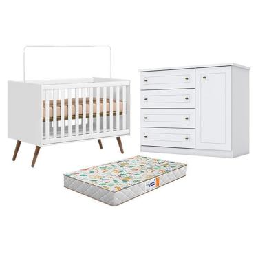 Imagem de Kit Berço Americano Q Encanto 3820 Retrô com Cômoda e Colchão Incluso Branco Acetinado Qmovi