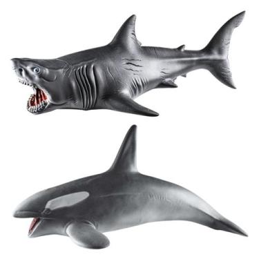 Imagem de Kit Com 2 Animais Marinhos Baleia Orca Tubarão Megalodon 43cm Grande E
