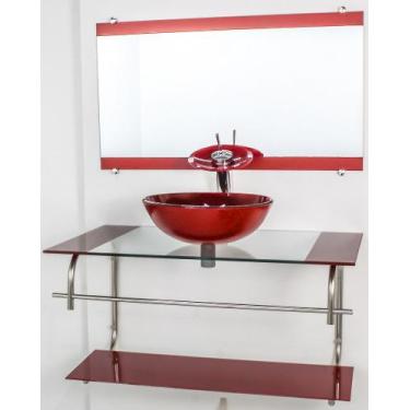 Imagem de Gabinete De Vidro Para Banheiro Inox 80cm Cuba Redonda Vermelho Cereja