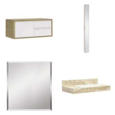 Imagem de Conjunto para Banheiro com Espelho, Gabinete, Bancada com Cuba Embutida e Armário Vertical Bumi Travertino