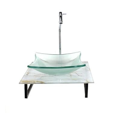 Imagem de KIT CUBA DE VIDRO QUADRADA 10MM INCOLOR COM TAMPO DE VIDRO 40CM X 40CM MÁRMORE BRANCO DOURADO E SUPORTE TORNEIRA VALVULA