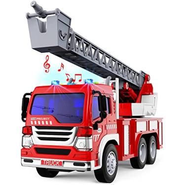 Imagem de Brinquedo de caminhão de bombeiros, brinquedo de caminhão de bombeiros, carros inerciais, caminhão de resgate de emergência com luzes e sons, presentes de brinquedos educativos para meninos e meninas de 3 4 5 6 anos (escada)