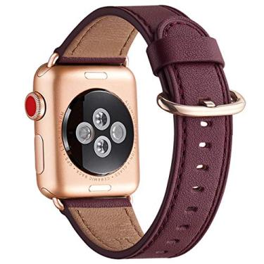 Imagem de Pulseira feminina WFEAGL de couro genuíno para Apple Watch SE e séries 8, 7, 6, 5, 4, 3, 2 e 1 de 38 mm, 40 mm e 41 mm (vinho/ouro rosa)
