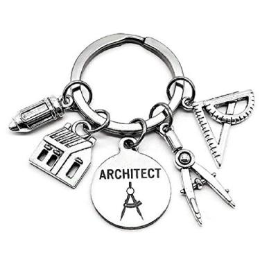 Imagem de Chaveiro de arquiteto, chaveiro de engenheiro arquitetônico, estudante de arquiteto, professor de arquiteto, pingente de casa, régua geométrica, bússola, régua, pingente de lápis, presente de